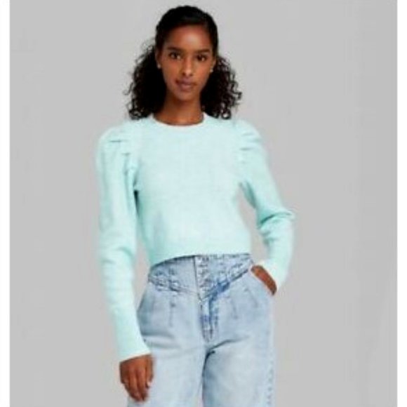 Wild Fable Women's Lt Blue Soft Puffy Sleeve Cropped Crewneck Sweater XS NWT - Picture 4 of 11